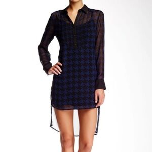 BCBGeneration Navy Blue and Black Houndstooth Long Sleeve High Low Dress